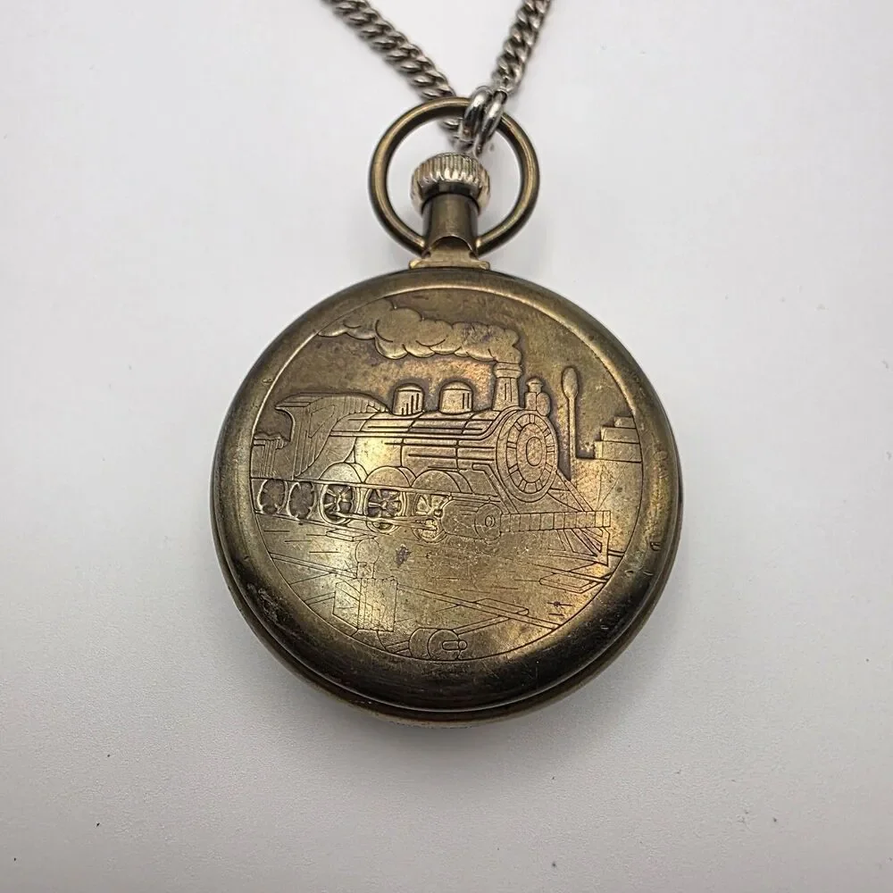 RARE Sears Railroad Brass Pocket Watch Steam Engine With Chain